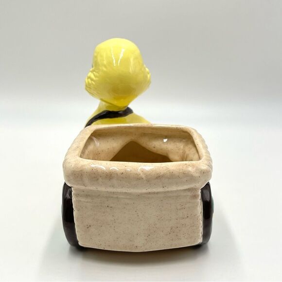 Vintage Ceramic Planter Yellow Duck Pulling Wicker Cart Blue Flower Daisy Wheels - Picture 4 of 11